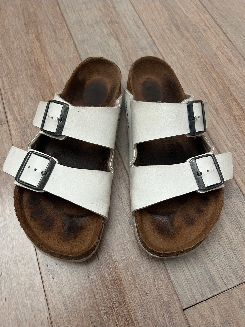 Birkenstock Arizona Slides White Double Strap Sandals with Black Buckles